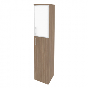 Шкаф высокий узкий правый (1 средний фасад ЛДСП + 1 низкий фасад стекло лакобель в раме)